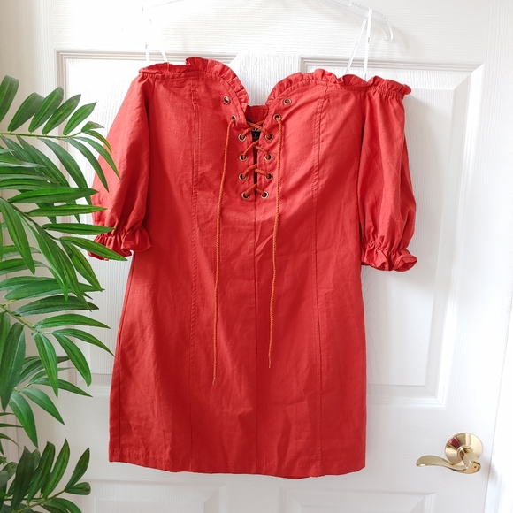 Lulus Off The Shoulder Lace Up Mini Dress Rust S - Picture 2 of 10